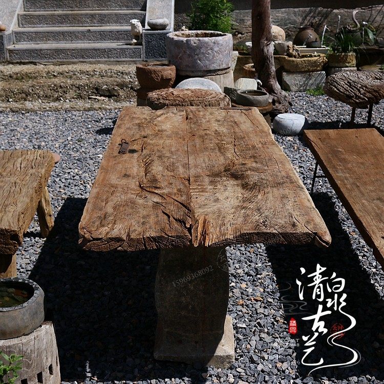Qingquan Ancient Art Outdoor root carving coffee table made of two old door panels together Solid wood tea table tea table