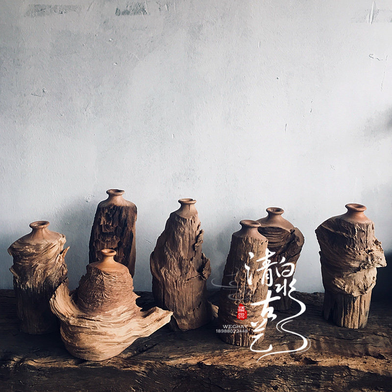 Qingquan ancient art vase decoration living room flower arrangement drying flower vase small desktop decoration home solid wood flower device