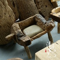 Qingquan ancient art solid wood root carving stool leather sofa soft chair waiting guest chair tea room Master stool single back chair