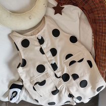 Easy to wear practical~tone CDG style Korean boys and girls baby cotton and linen loose polka dot back belt pants jumpsuit