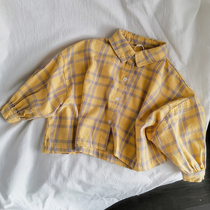 Fabric Light and soft waxy Korean childrens cotton and Hemp loose shirt Mens and womens childrens small lapel bat shirt Plaid shirt