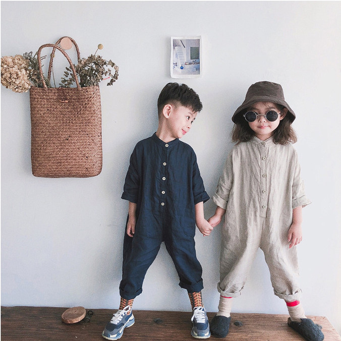 Tone Faner 100% pure linen Korean boys and girls baby cotton and linen long-sleeved solid color jumpsuit 2022 spring