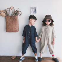 Accent style 100% pure flax Korean boys and girls baby cotton linen long sleeve solid color jumpsuit 2021 Spring
