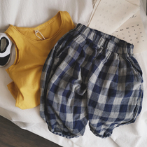 Self-staying super good wearing soft glutinous AB face plaid children cotton linen pants 2022 Summer and male and female childrens family turnip pants