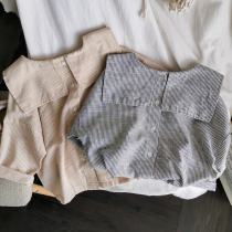 Front and rear two wear college style Korean mens and womens childrens cotton and hemp lapel single breasted pinstripe shirt baby cardigan