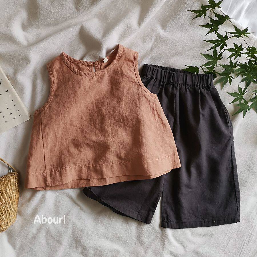 South Korea INS Net Red Girl A Glyph Cotton Linen Sleeveless Vest Art Van Children's Lumen Adjustment Pants 8 Sub Pants