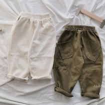 Fabric version is awesome Korean custom boys and girls twill patties childrens stitching pocket radish pants