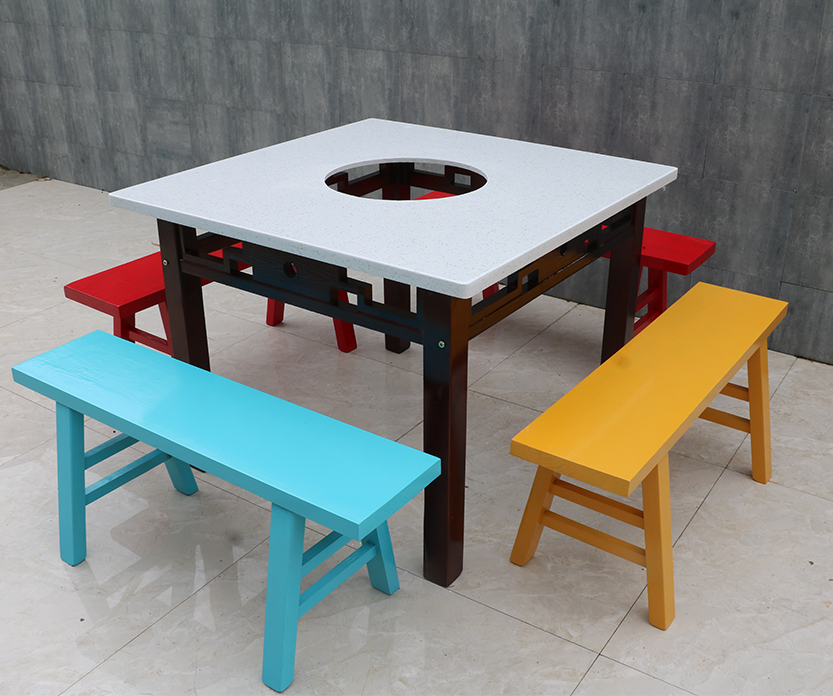 Solid wood hotpot table commercial marble string stringing round table induction cooker smoke-free integrated hot pot table and chairs combination