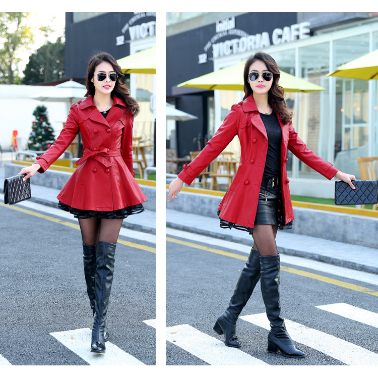 2018 mùa thu và mùa đông mới cộng với nhung dày áo ấm trong phần dài ladies pu leather Slim Haining da áo gió áo khoác ao da cao cap