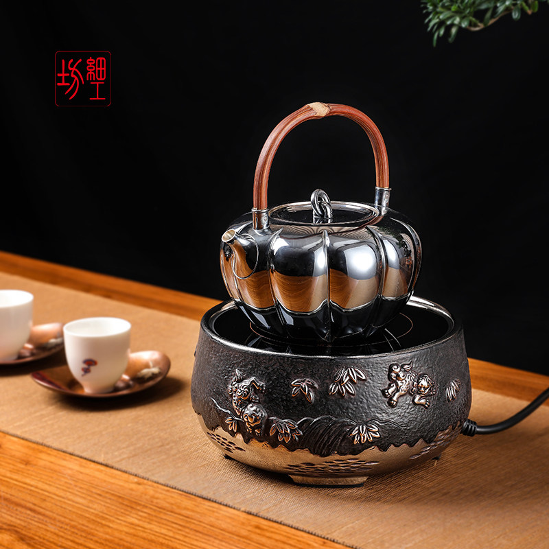 Fine workshop silver pot, sterling silver 999 kettle, hand-made with a silver mouth, Japanese silver pot pumpkin smoked silver