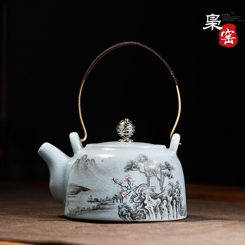 Jingdezhen Ceramic Ru Kiln Sky Green Open Sheet Teapot Home Bubble Teapot Hand Painted Ink Color Tietian Hand Tea Set
