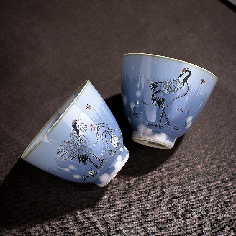 Jingdezhen wood antique hand - made sample tea cup crane up ceramic cups kung fu tea pu 'er individual cups