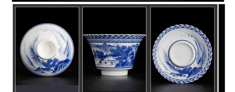 Jingdezhen ceramic tureen hand - made scenery always kung fu tea set manual blue three cups to bowl to bowl