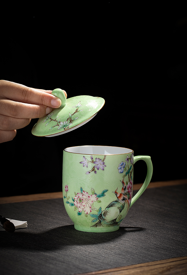 Ceramic powder enamel cover cup manual pick is seems cover the meeting individual cup of jingdezhen hand - made large office cup