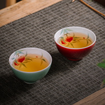 Kiln Jingdezhen tea set handmade ceramic cup single Cup Kung Fu Tea Master Cup inner painting Shoutao red glaze Cup