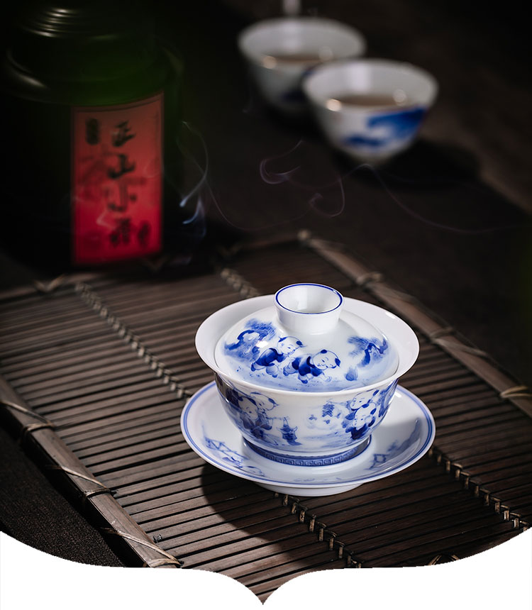 Jingdezhen kung fu tea set manual hand - made tea set under the blue and white glaze color lad ceramic bowl tureen three cups