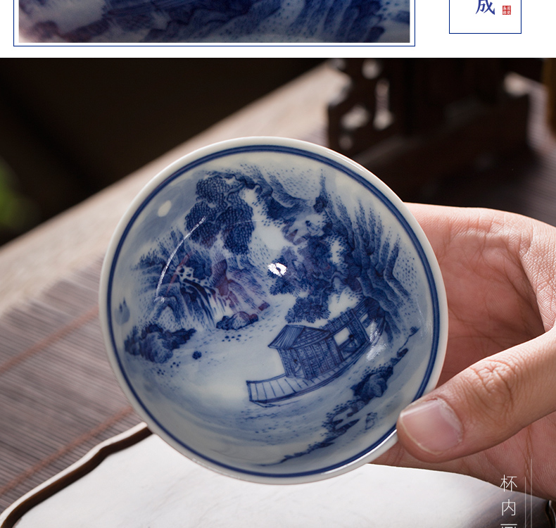 Owl up jingdezhen blue and white landscape cup drawing hat to maintain tea cup kongfu master cup single CPU