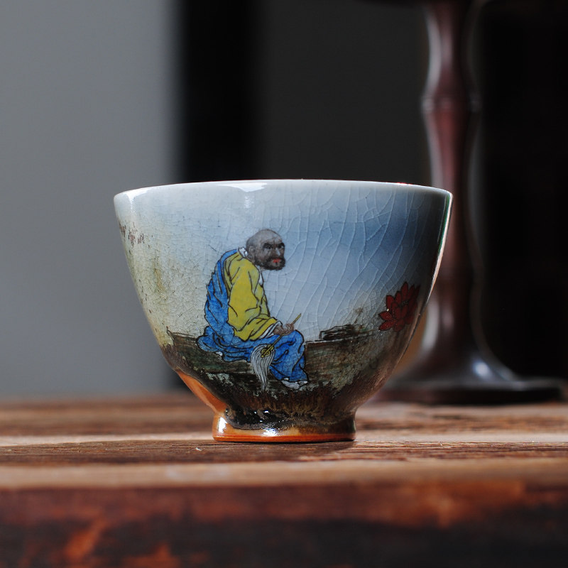 Xiaoyao Jingdezhen Tea set Wood burning kiln glazed tea cup Dharma Luohan crack glazed tea set Single cup Gongfu tea cup