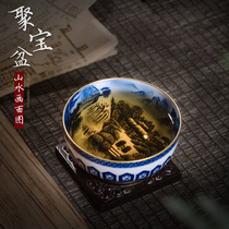 Xiaoyao Jingdezhen ceramic handmade blue and white landscape painting master Cup single cup large Puer Cup gift tea set