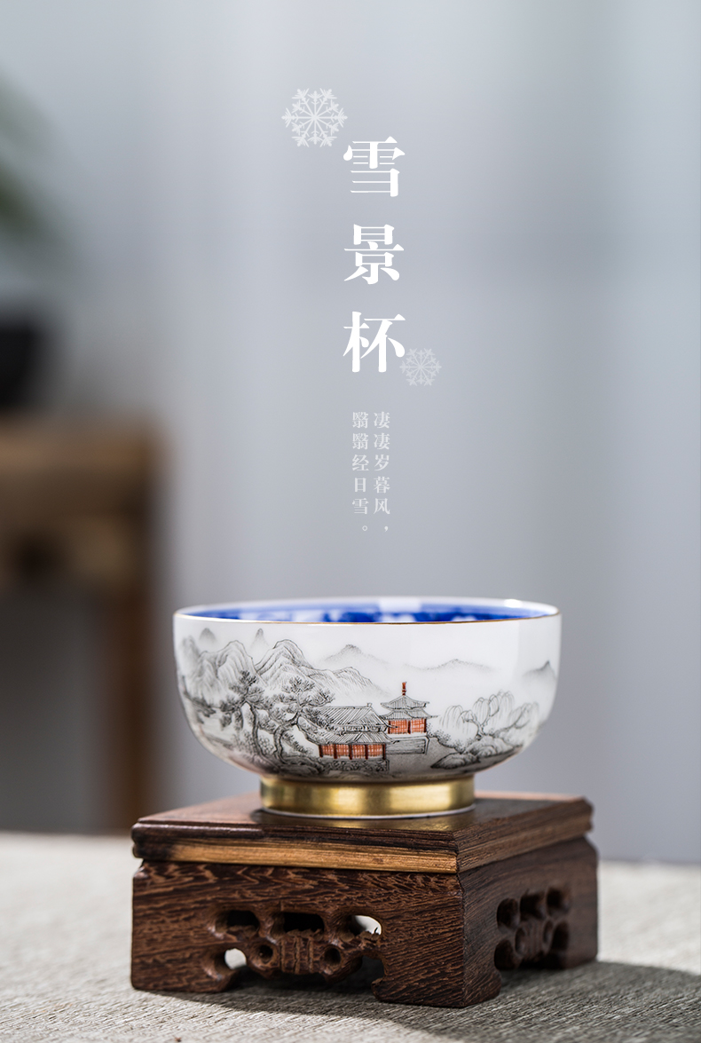 Owl up jack jingdezhen blue and white kung fu tea tea set hand - made master cup draw flower landscape sample tea cup