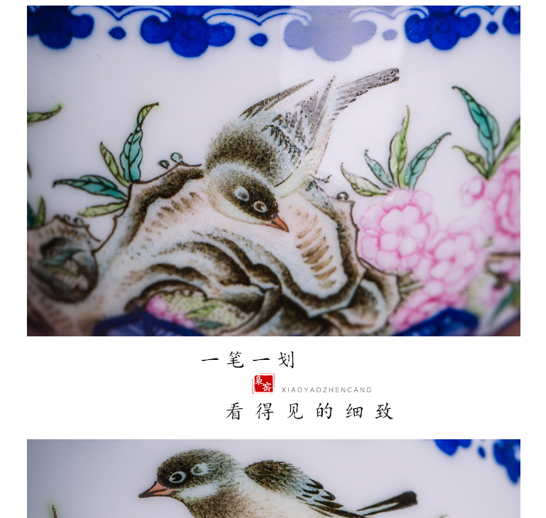 Owl up jingdezhen blue and white master all hand tea cup cup lotus peach colored enamel painting of flowers and birds to the CPU