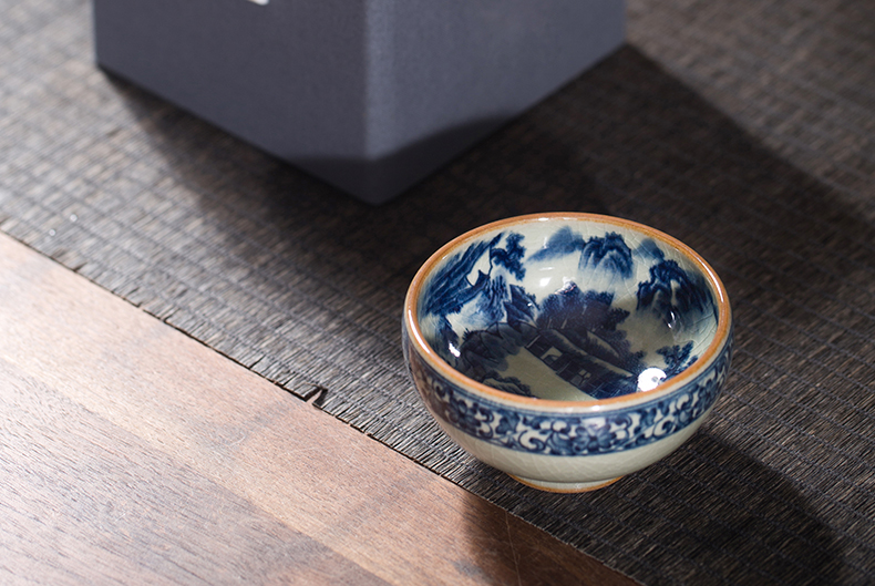 Owl up clay open piece of blue and white landscape maintain glaze cup the draw master cup single CPU manually lohan pu - erh tea cup