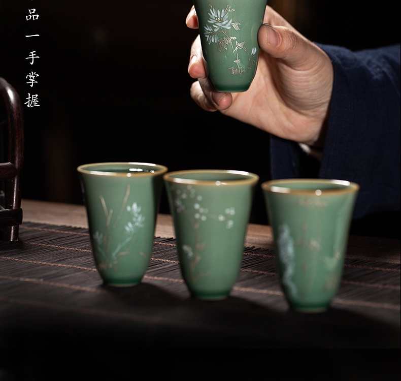 Owl up jingdezhen hand - made silver tea name plum green glaze kung fu tea cups individual cup four cups of high - grade suits for