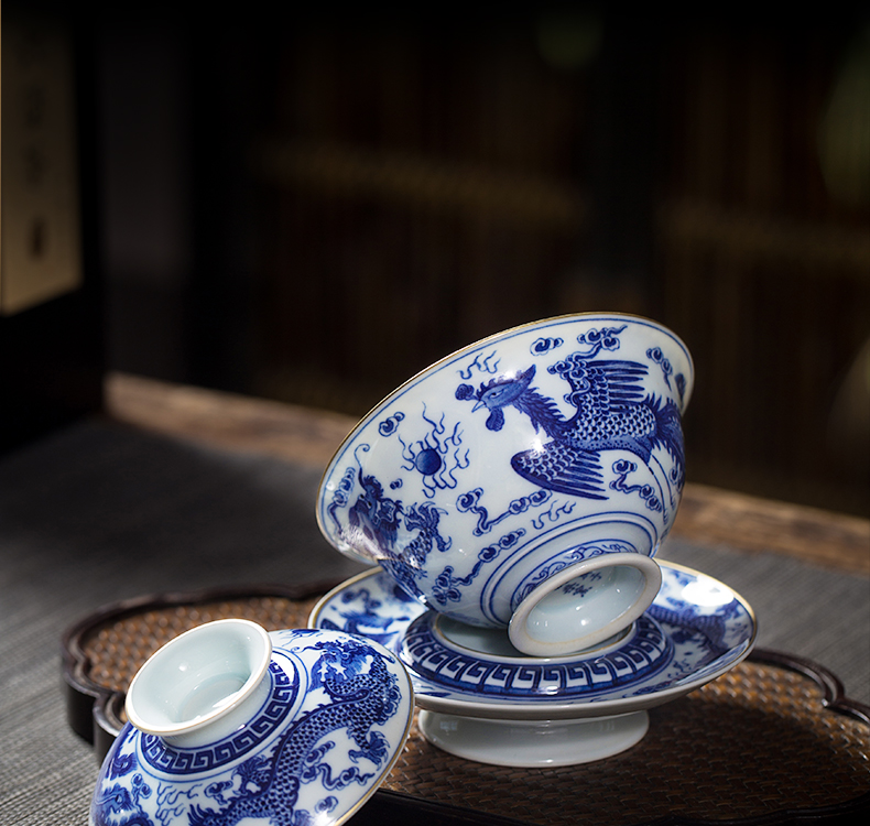 Owl up all hand blue - and - white porcelain covered bowl bowl painting of hand - made of longfeng pattern wind palace tea cups