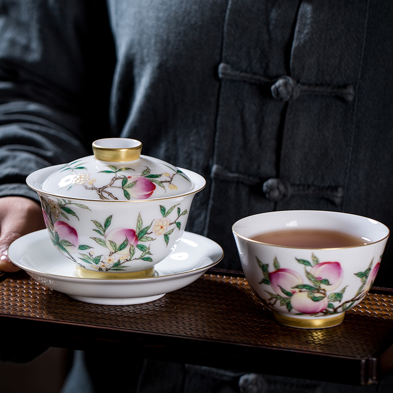 The Owl up with jingdezhen ceramic manual tureen tea cup three see colour peach traditional enamel to bowl