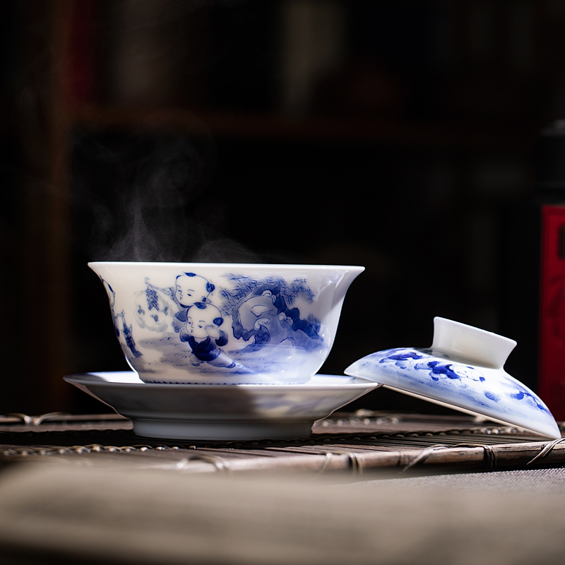 Jingdezhen kung fu tea set manual hand - made tea set under the blue and white glaze color lad ceramic bowl tureen three cups