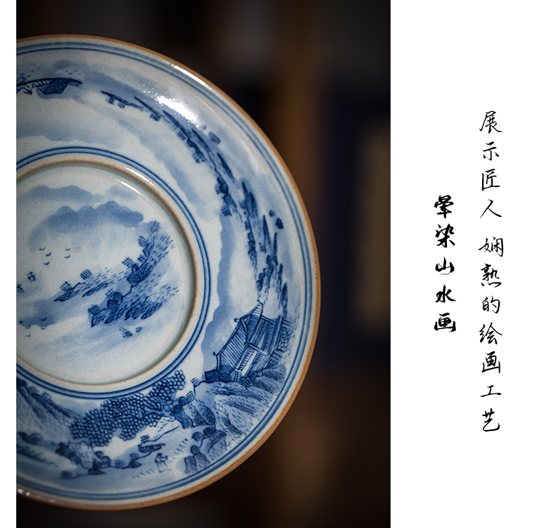 Old owl up clay five blue and white tureen tea service manual hand - made surface landscape maintain large kongfu tea bowl