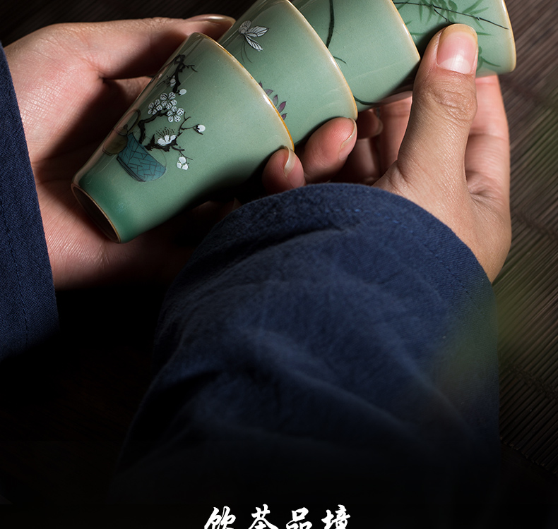 The Owl up jingdezhen tea kungfu teacups hand - made by patterns name plum green, small sample tea cup four suits for