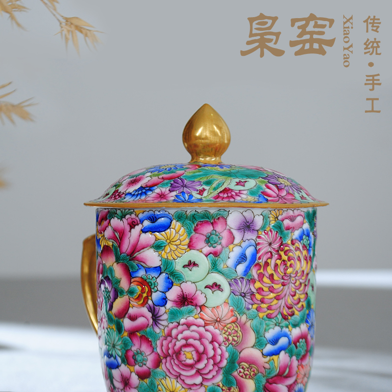 Jingdezhen ceramic cups with cover large office cup tea cup hand - made colored enamel glass cup and meeting