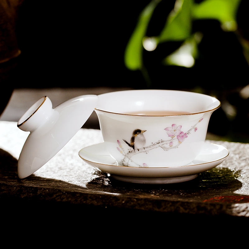 Jingdezhen ceramic powder enamel tureen hand - made painting of flowers and kung fu tea tea cup three medium bowl to bowl the magpies