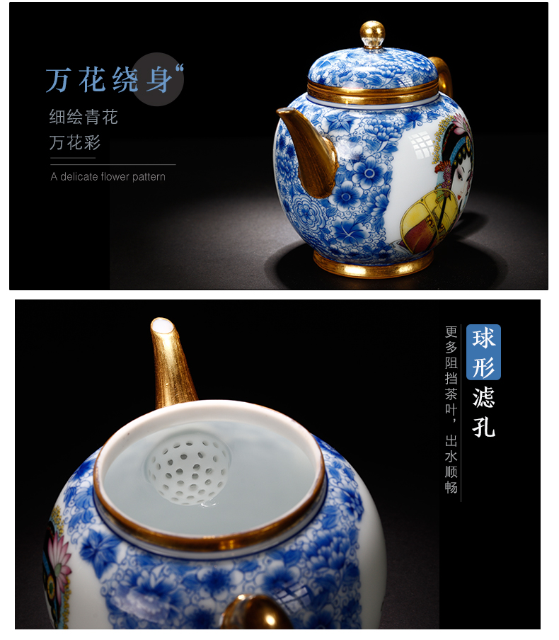 Jingdezhen ceramic hand - drawn characters under glaze blue and white enamel teapot all hand the "single pot teapot kung fu