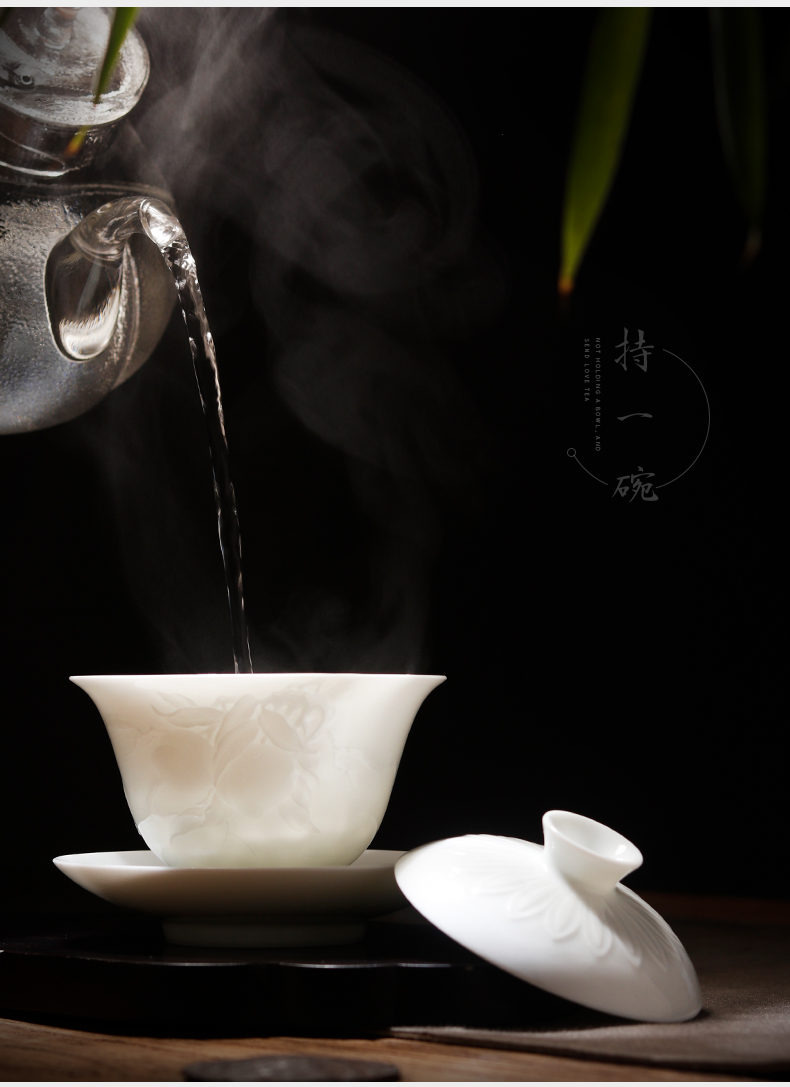 Jingdezhen traditional handicrafts tea only three tureen peach is embossed white kung fu tea cup bowl tea bowl