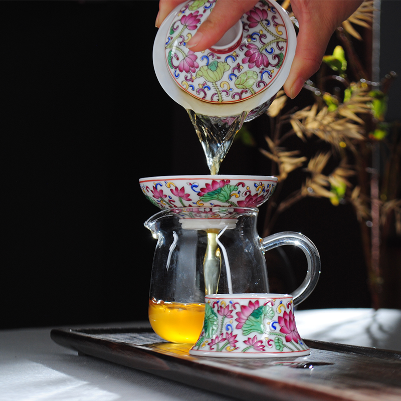 Jingdezhen ceramic) filter hand - made pastel kung fu tea tea accessories colored enamel tea filter network frame