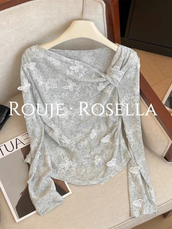 French Rouje Rosella ⭐ Three-Dimensional Butterfly Beautiful Lace Long-Sleeved Women's Autumn Thin Off-Shoulder Slimming Top