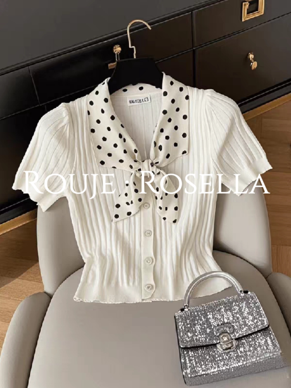 French Rouje Rosella ⭐ Polka Dot Bow Tie Unique Knit Short-Sleeve T-Shirt Women's Summer Top