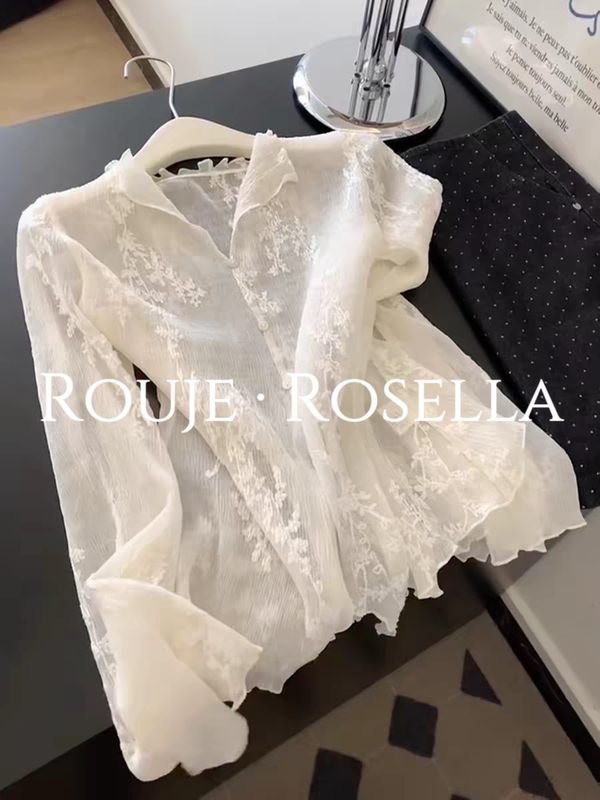 French Rouje Rosella Is a High-End Bestseller ⭐ Beautiful Lace Shirt for Women, Spring and Summer Thin Jacquard Long-Sleeved Shirt