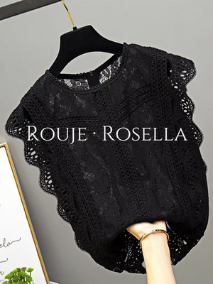 French Rouje Rosella⭐ black lace blouse for women, summer wavy sleeveless cutouts