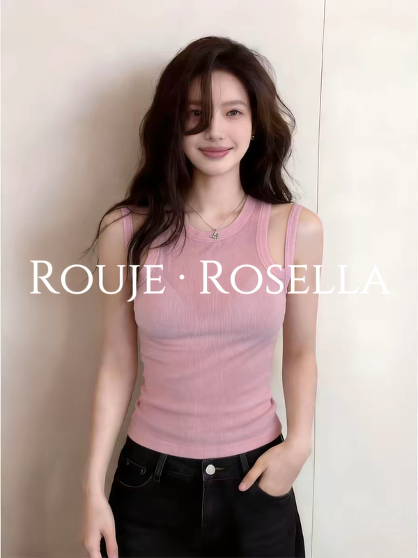 French Rouje Rosella Is Beautiful and Charming ⭐ Pink Hollow-Out Ice Silk Camisole Sleeveless Women's Summer Top