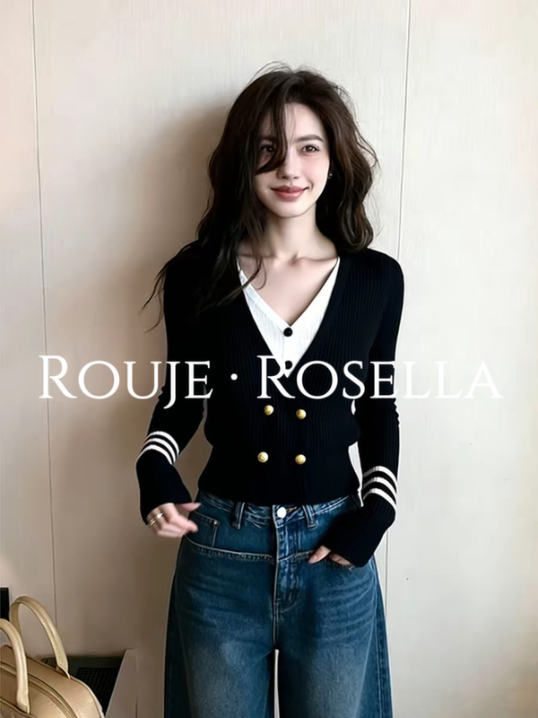 French Rouje Rosella ⭐ Fake Two-Piece Color-Block V-Neck Knitted Cardigan for Women, Autumn and Winter College Style Sweater Top French Rouje Rosella ⭐ Fake Two-Piece Color-Block V-Neck Knitted Cardigan for Women, Autumn and Winter College Style Sweater Top