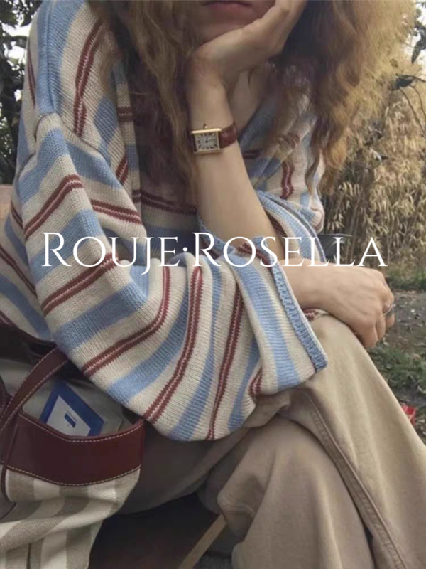 French Rouje Rosella ⭐ Fashionable Striped Knit Sweater for Women, Autumn Loose Casual Versatile Stylish Top