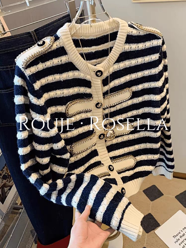 French Rouje Rosella ⭐ Tweed Style Striped Sweater for Women in Autumn and Winter, Heavy-Duty Inlaid High-End Knitted Knitwear French Rouje Rosella ⭐ Tweed Style Striped Sweater for Women in Autumn and Winter, Heavy-Duty Inlaid High-End Knitted Knitwear