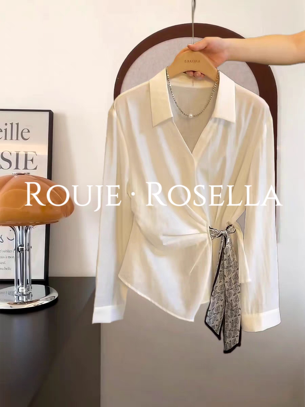 French Rouje Rosella Is Chic and Beautiful ⭐ French-Style White Waist-Cinching Slimming Shirt with Long Sleeves