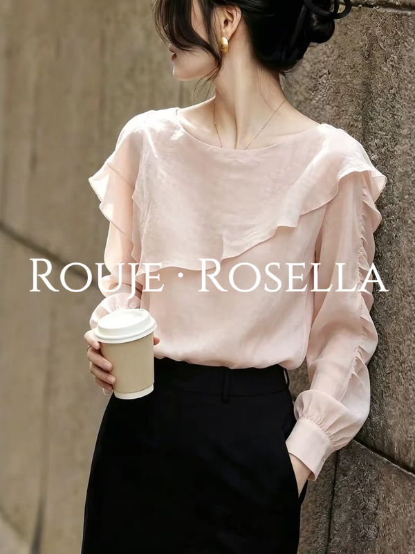 French Rouje Rosella Is Sweet and Age-Reducing ⭐ Gentle Pink Ruffled Long-Sleeved Women's Autumn Shirt Top