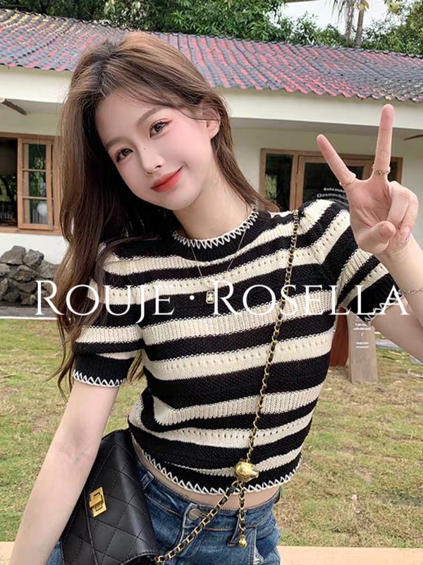 French Rouje Rosella ⭐ Black and White Striped Short-Sleeved T-Shirt for Women, Summer Hollow-Out Knit Top, Short Style.