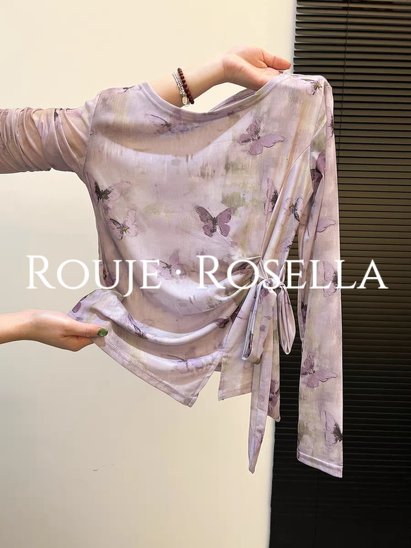 French Rouje Rosella ⭐ Beautiful and Fashionable Butterfly Print Tie-Dye Long-Sleeved Bottoming Shirt for Women with Waist-Cinching Top