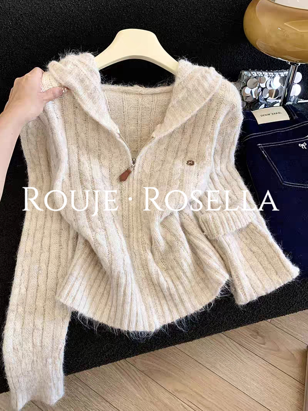 French Rouje Rosella Is Very Comfortable ⭐ Lazy Style Hooded Knitted Cardigan for Women, Autumn Slimming and Versatile Sweater